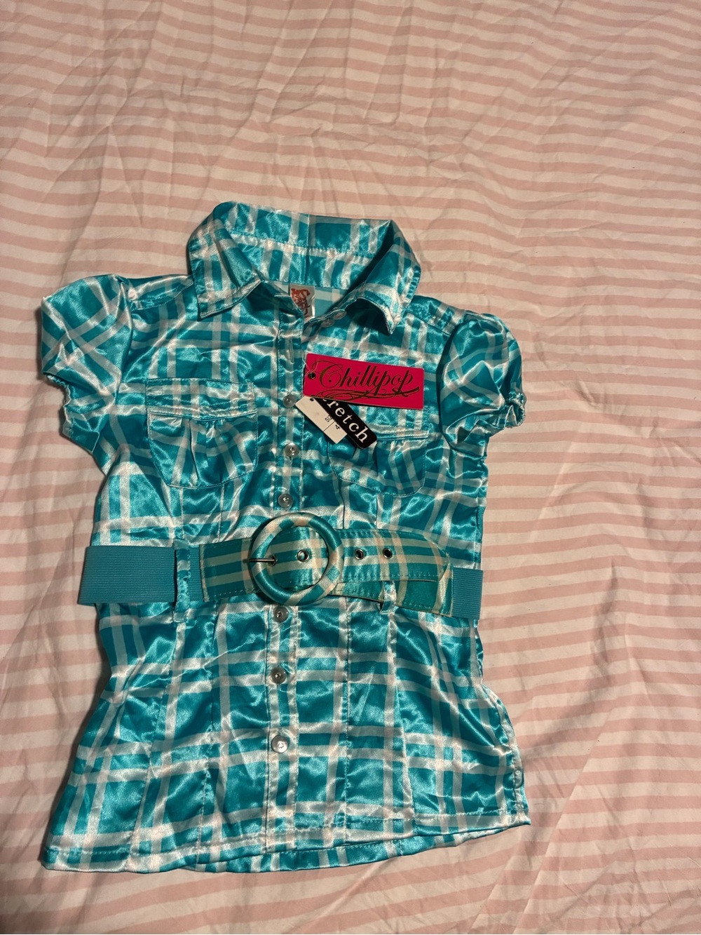 Chillipop Teal Plaid Shiny Button-Up Top with Belt